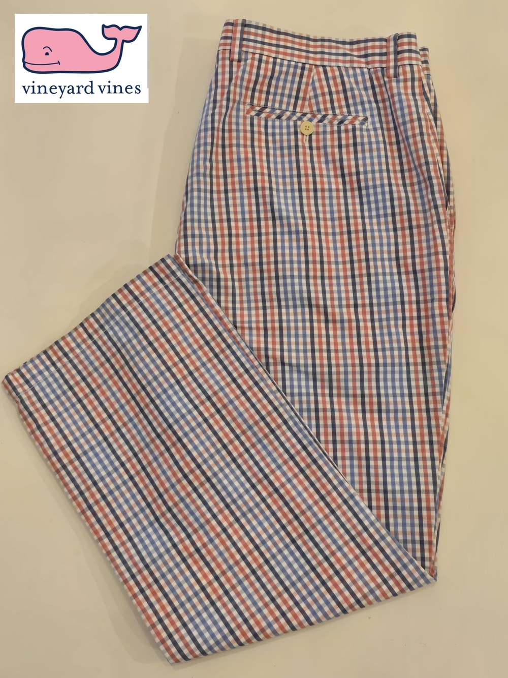 Vineyard Vines Men's 38W×30L Red, White & Blue Gingham Plaid Golf Breaker Pants